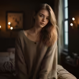 a young woman is sitting in a bedroom