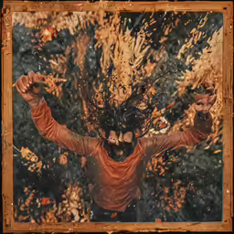 the man has his arms in the air