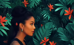 a woman is standing outside with flowers in her hair