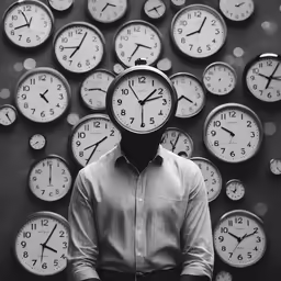 a man standing next to a wall full of clocks