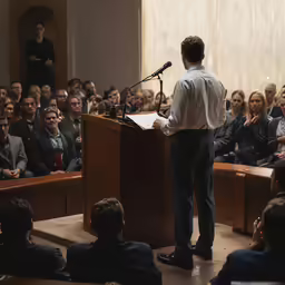 man giving speech to an audience in front of a podium