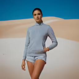 the model in a blue turtle - neck sweater stands in front of a large sandy field