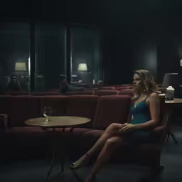 the woman is sitting on the chair with a glass of wine in front of her