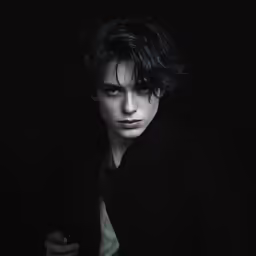 a creepy young woman with long dark hair wearing a black jacket