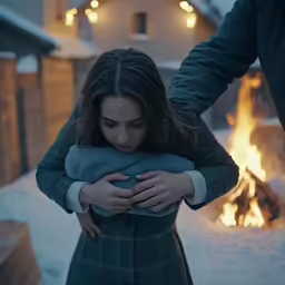 a woman holding her hand near a fire