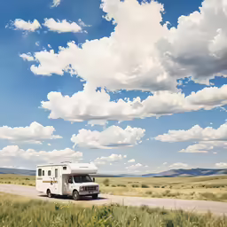a rv traveling along a road under the cloudy sky
