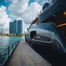 a car is on the boat dock during the day