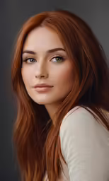 the red - headed young woman in white top is looking at the camera