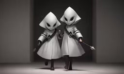 two people wearing white hooded outfits, one holding a knife
