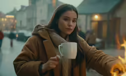 a woman wearing a coat and holding a cup of coffee
