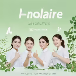 four girls standing in front of a green backdrop that has ivy leaves on it and the first girl is making the thumbs up