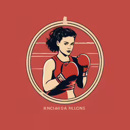 a woman is wearing boxing gloves, in a circle,a woman in red shirt boxing with an orange background