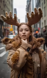 a woman wearing a deer antlers headband and a brown coat