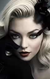 an attractive woman with blue eyes is holding her hands up to her face