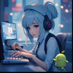 the girl is wearing headphones using her laptop