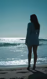 a woman in a blue dress stands on a beach