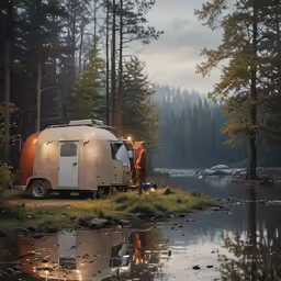 a person standing next to an orange and white mobile home on the shore of a lake with some trees