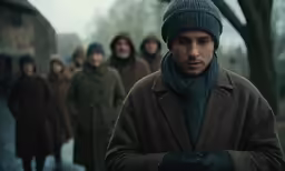 a man wearing a hat and scarf in the rain