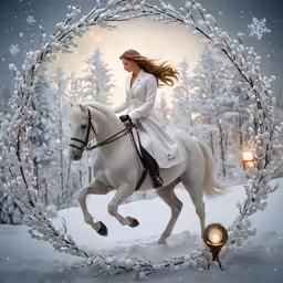 a woman in white is on top of a white horse
