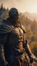 a man dressed in armor, and wearing a helmet stands in the mountains