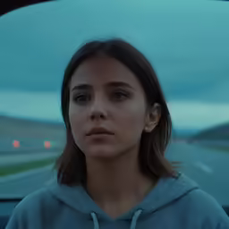 a woman sitting in a car looking out the window