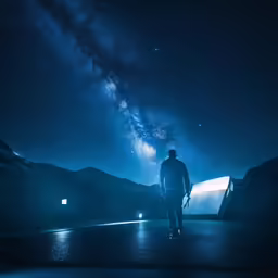 a man walks along a road as the night sky is dark