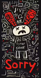 a black poster with a red bunny surrounded by black and white words