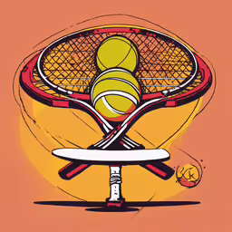 a painting with three tennis rackets and several balls,two tennis rackets with balls flying out of them