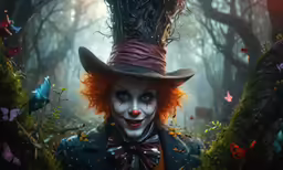 the clown is looking at the camera