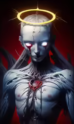 creepy looking female with a halo on top of her head