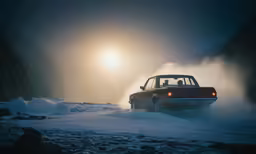 a red car driving through snow and ice in the sun