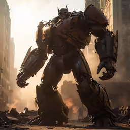 a giant robot standing in front of a city skyline
