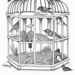 an illustration of birds in a cage,a bird cage with birds inside of it,a bird in a cage that is filled with birds,birds sit inside of a white bird cage,a drawing of birds in a birdcage, one sitting on a rock, the other standing