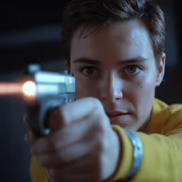 the man is pointing his gun towards the camera