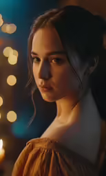 the girl with red hair stands near candles