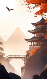 an image of a chinese landscape with a bridge and bird flying over