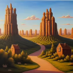 a painting of three houses, and a road leading to a castle,a painting shows a path to a castle
