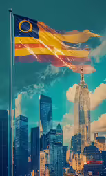 a flag flies from the top of a tall building