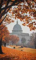 the building sits next to trees with bright orange leaves