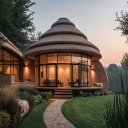 a round home with large windows at dusk