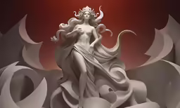 white sculpture against a red background with swirling shapes