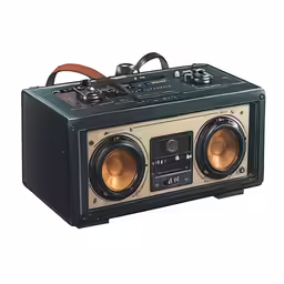 the radio with speakers attached is black and beige