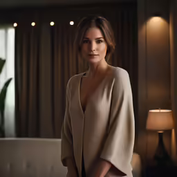a woman in a tan shirt and black pants in a room