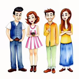 a drawing of three men and one woman smiling,three people wearing colorful clothes in front of a white background