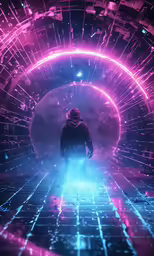 man in a sci - fi art scene standing inside of a portal