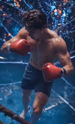 a male model wearing a boxing uniform and red boxing gloves