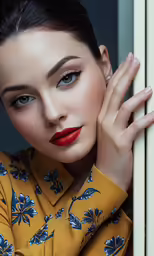 a woman wearing a yellow shirt leaning against a wall