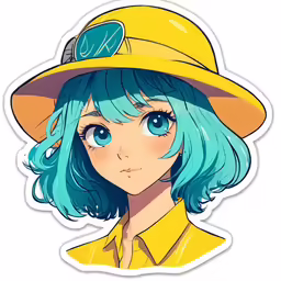 a sticker of a woman with blue hair wearing a yellow hat