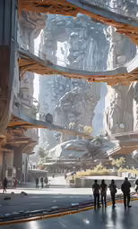 some people walking along in front of a giant structure