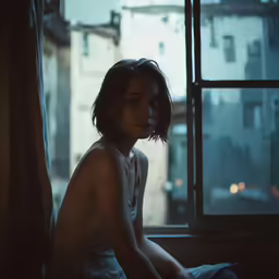a woman sitting near a window in a house